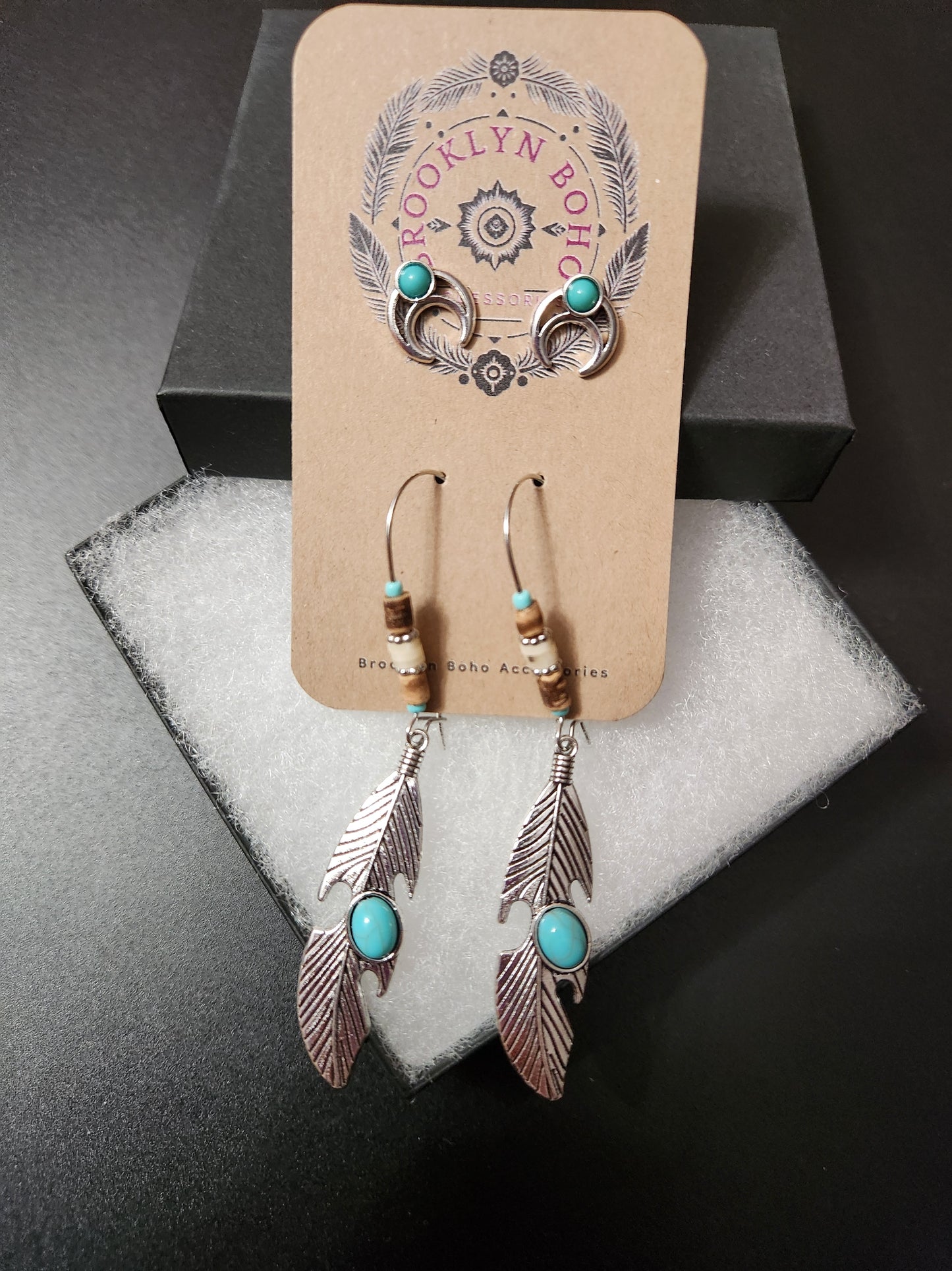 Bohemian Style Two Pair Crescent Moon & Feather Earring Set
