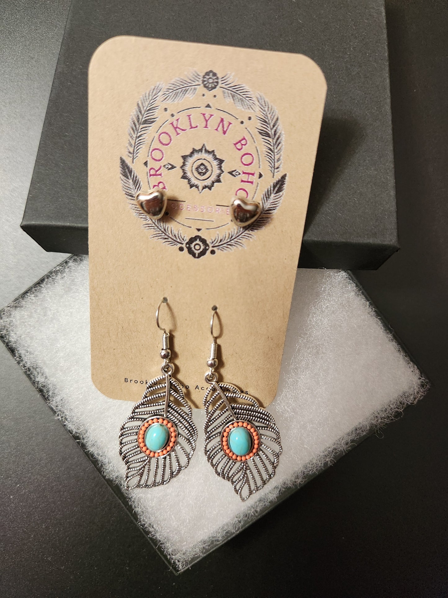 Bohemian Style Two Pair Feather Drop Earring Set
