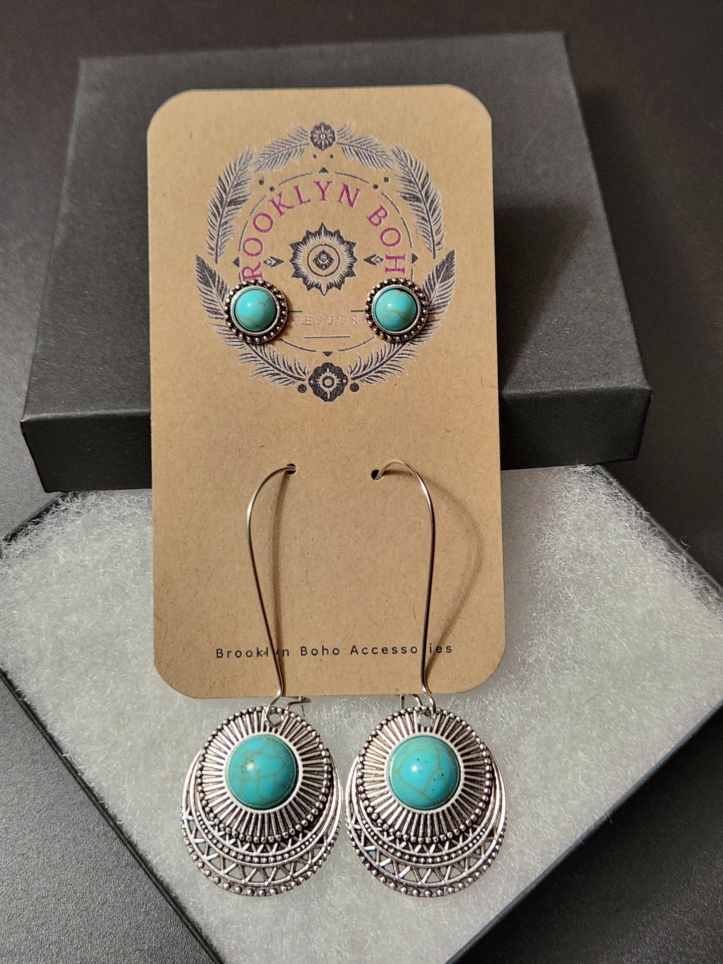 Bohemian Style Two Pair Round Turquoise Earring Set