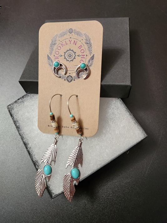 Bohemian Style Two Pair Crescent Moon & Feather Earring Set