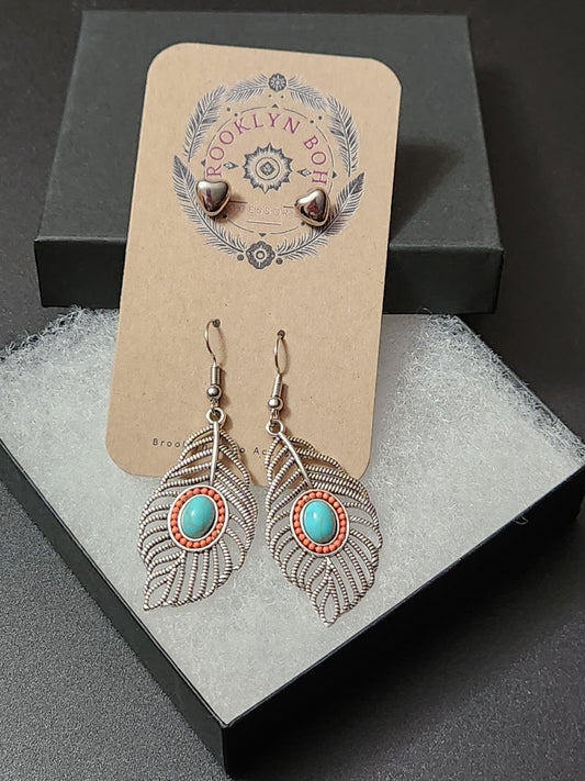 Bohemian Style Two Pair Feather Drop Earring Set