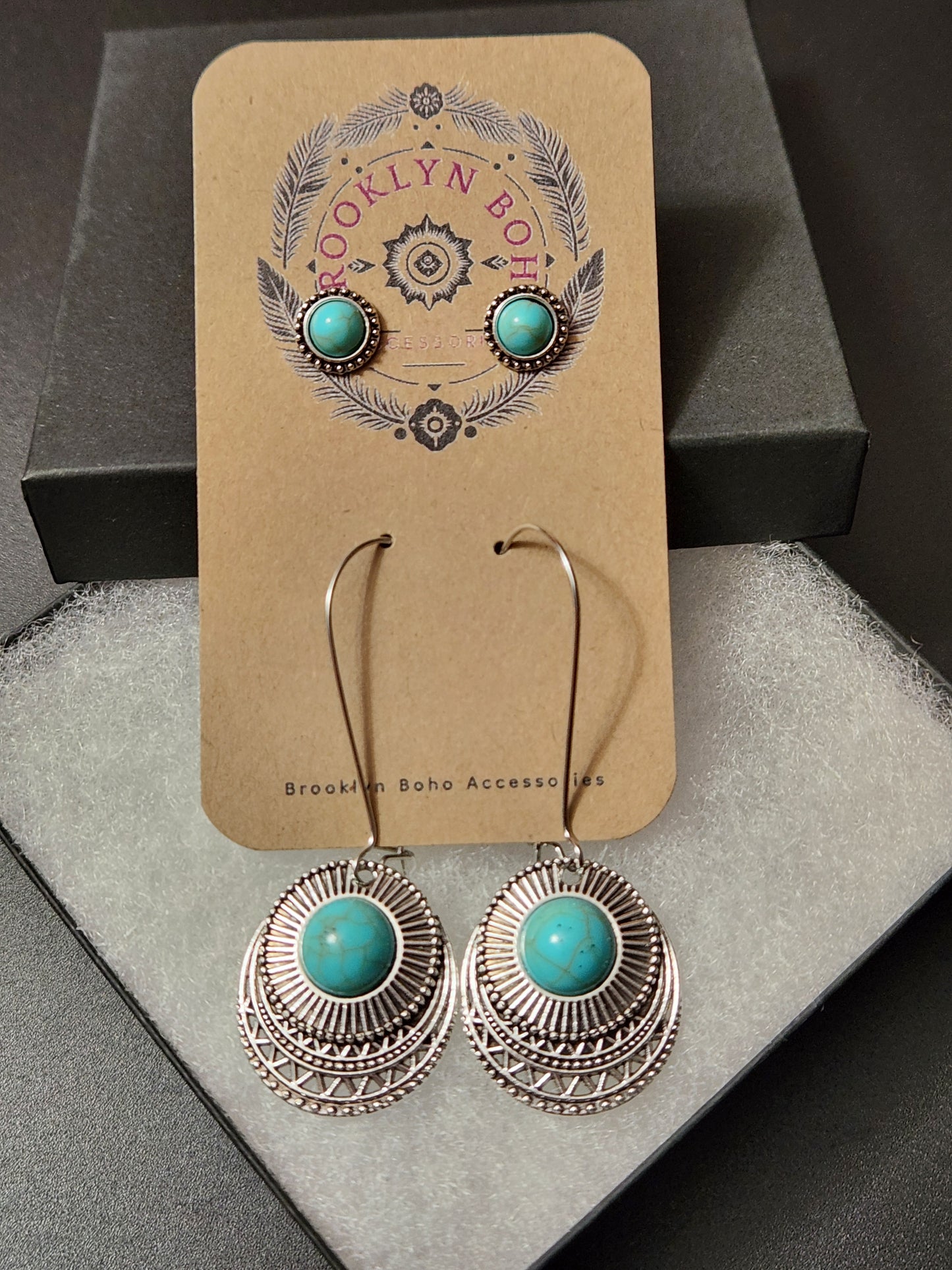 Bohemian Style Two Pair Round Turquoise Earring Set